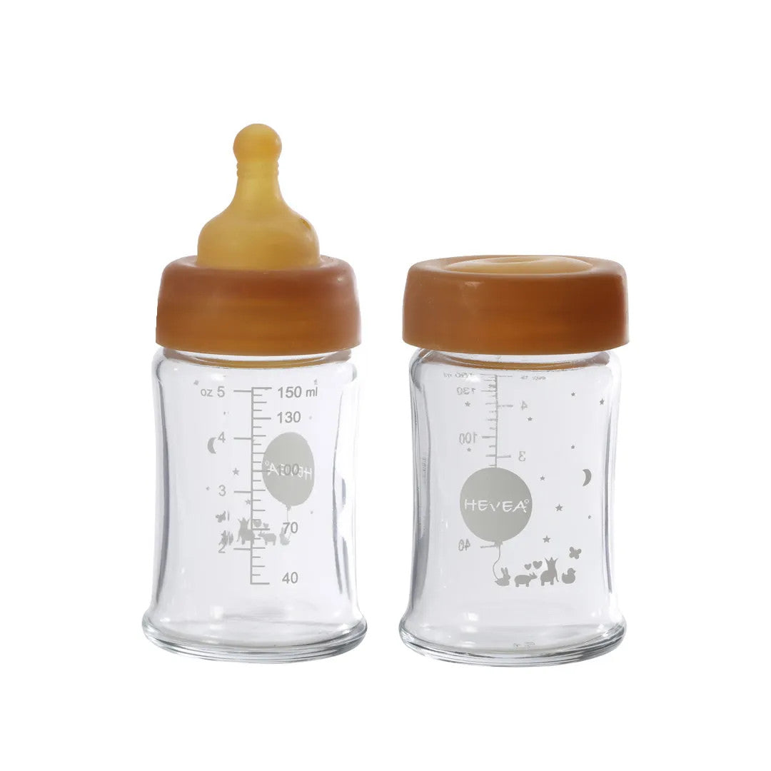 biberon in vetro borosilicato collo largo 150 ml set 2 pezzi hevea